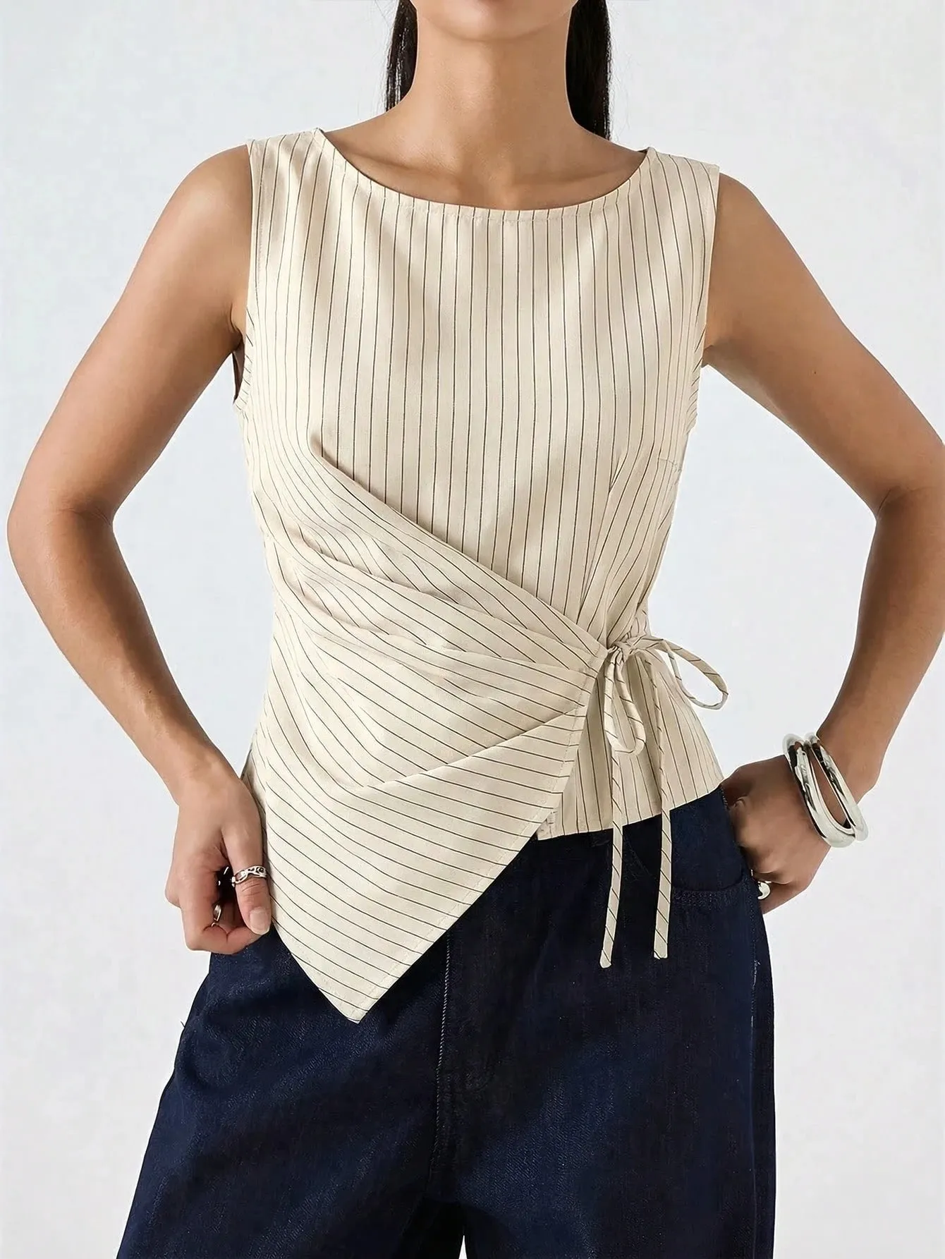 Women's Elegant Stripe Printing Slim Fit Side Tie-Strap Pleating Sleeveless Top Casual Asymmetry Hem Boat Tank Top Summer 2026