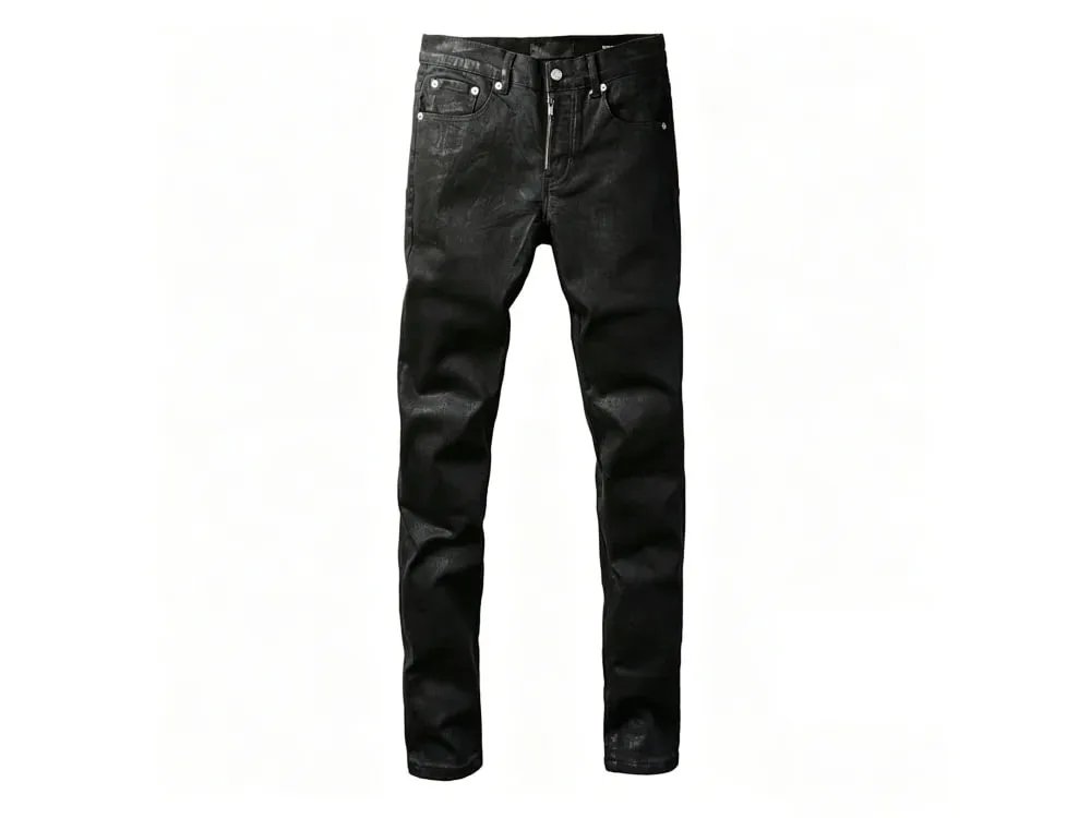 Men's Black Coated Slim Tapered Jeans Washed Distressed Design Button Fly High Street Style