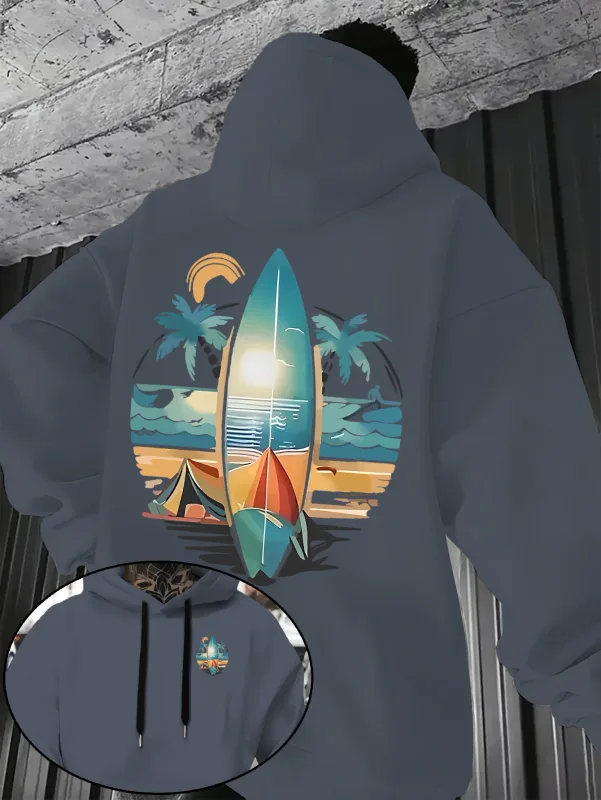 New Autumn/winter Men's Hooded Sweatshirt with Surfboard and Beach Print Loose Fit Stylish Street Style Comfortable Fit Hoodies