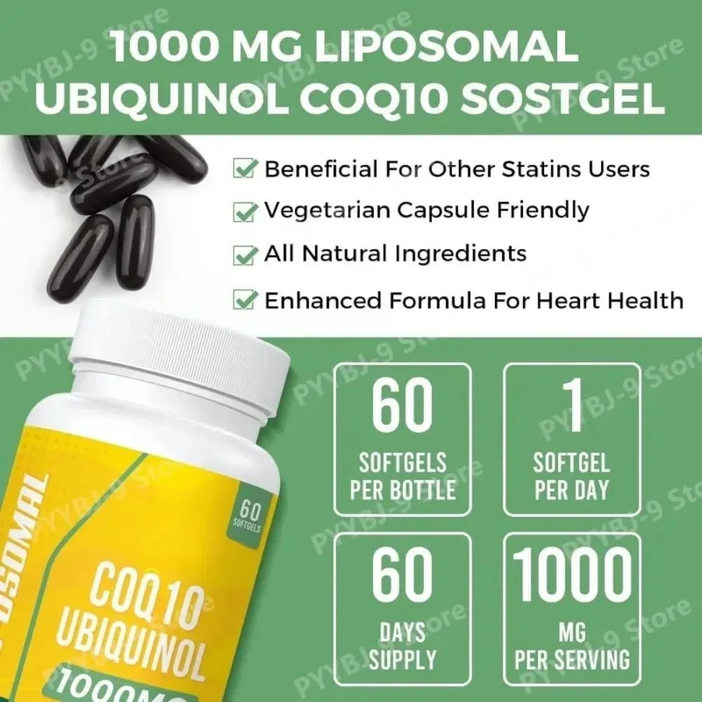 CoQ10 Ubiquinol 1000mg Vegan Softgels 60 Ct Liposomal High Absorption Coenzyme Q10 for Heart Energy Antioxidant Daily Support