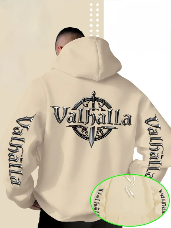 Streetstyle los Viking Valhalla zwaardvormig logo bedrukt sweatshirt met capuchon voor heren, geschikt voor herfst en winter. — image 2