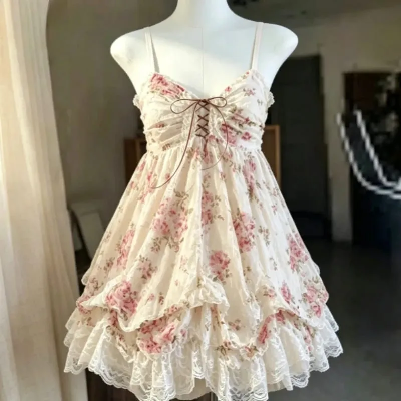2026 Wanita Jepun Bunga Renda Manis Y2k Pembalut Estetik Pakaian Grunge Harajuku Tanpa Lengan Patchwork Pakaian Vintage Bergaya