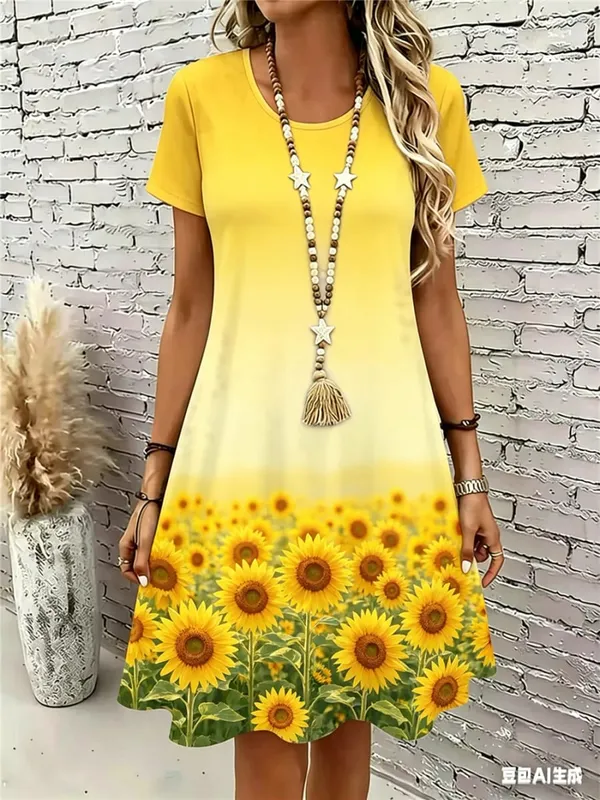 Short Sleeve Floral Pattern Women Mini Dresses Summer 3D Flower Printed Ladies Street Dress 3XL Plus Size Loose Casual Dress