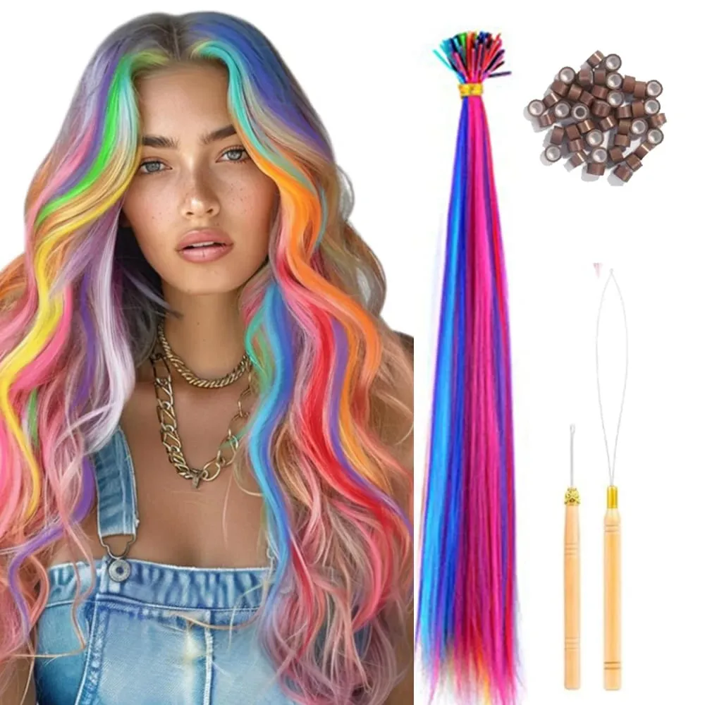 50 Pcs Hair Feathers with Hair Extension Tools Long Straight Synthetic Hair Feather Extensions Kit with Beads for Women Girls
