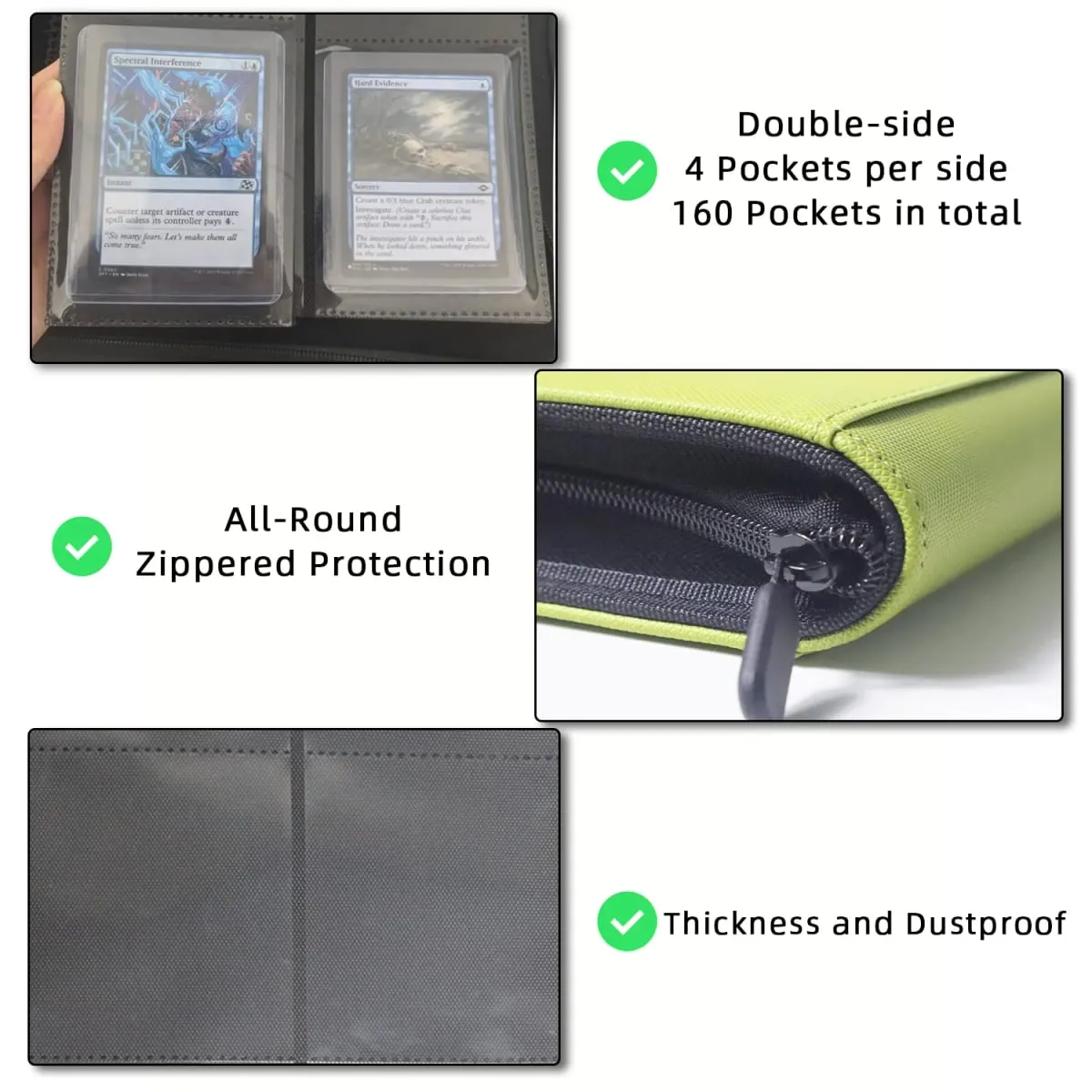 Holds 160 Cards|Trading Card Binder for 3”×4”Cards | 4-Pocket Double-sided Album |PU Leather Zipper Folder for TCG/Sports Cards — image 4