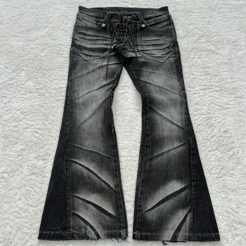 Y2K Distressed Flare Jeans Gothic Men Double Waist Lace Up Denim Pants Retro Washed Scratches Streetwear Unisex Bootcut Jeans