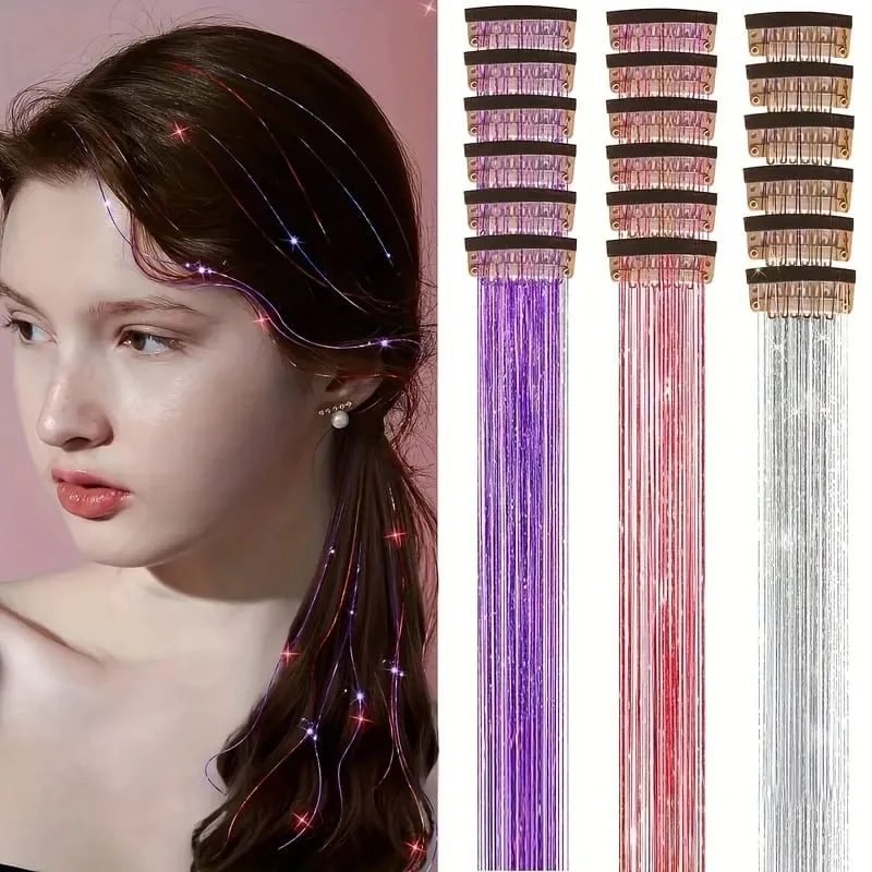 12pcs Per Pack of BB Hair Clips Shiny Metallic Hair Extensions with Clips Synthetic Hair Sparkling Hair Accessories for Women