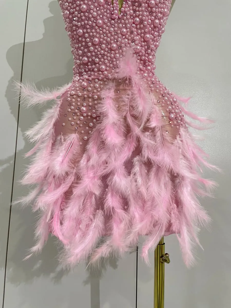 Women Luxury Rhinestones Pearls Feathers Halter Backless Short Dress Women Sexy Celebrate Birthday Dress Nightclub Stage Costume