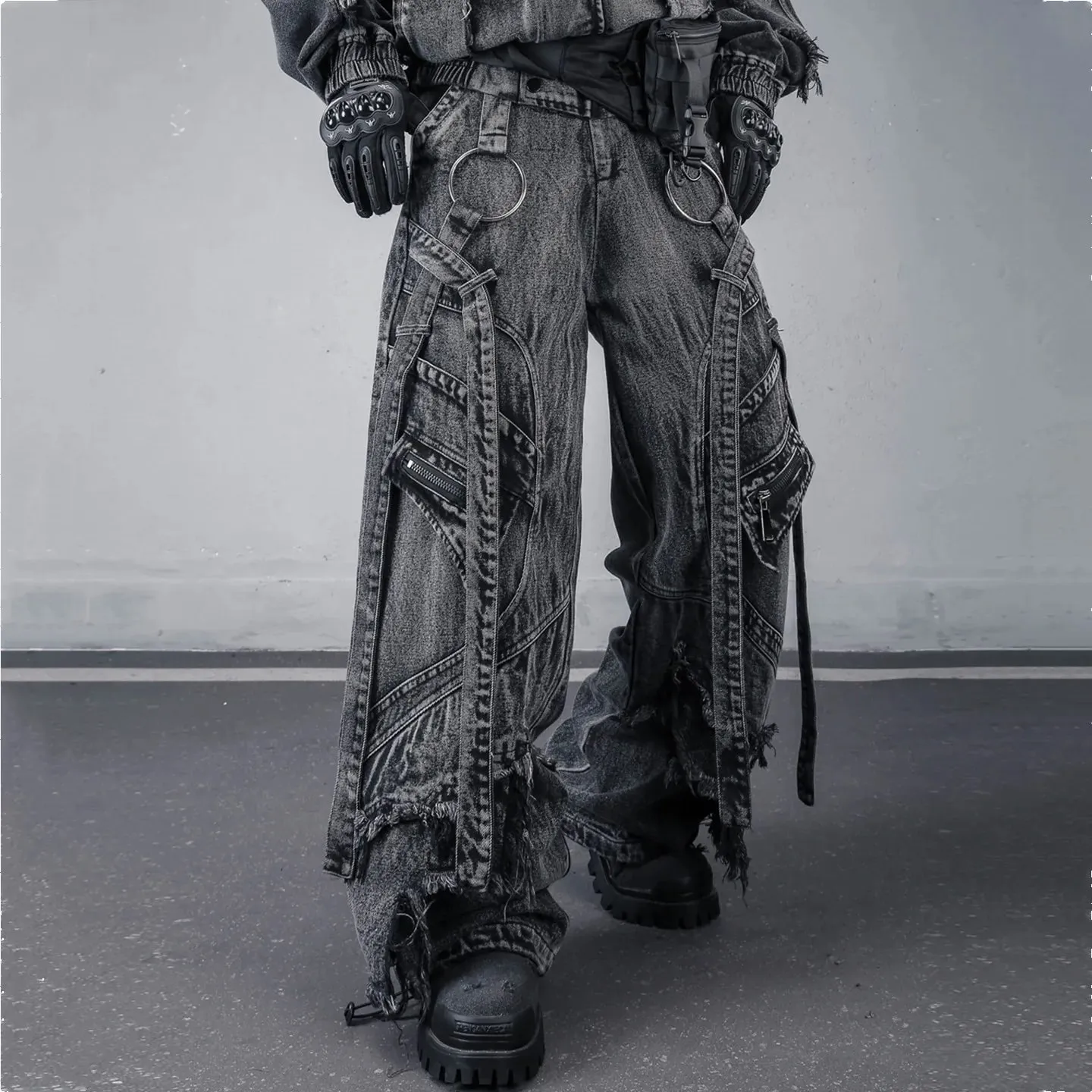 Deconstructed Dây Rửa Sạch Vintage Hàng Hóa Quần Jean Người Phụ Nữ Techwear Đất Hoang Phong Cách Ống Rộng Chiến Thuật Quần Baggy Dạo Phố