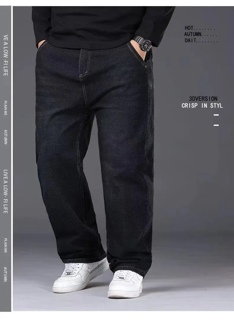 Men's Stretch Straight Jeans Plus Size Loose Fit Denim Trousers For Big Belly Guys Casual Long Pants Big Sizes To 50