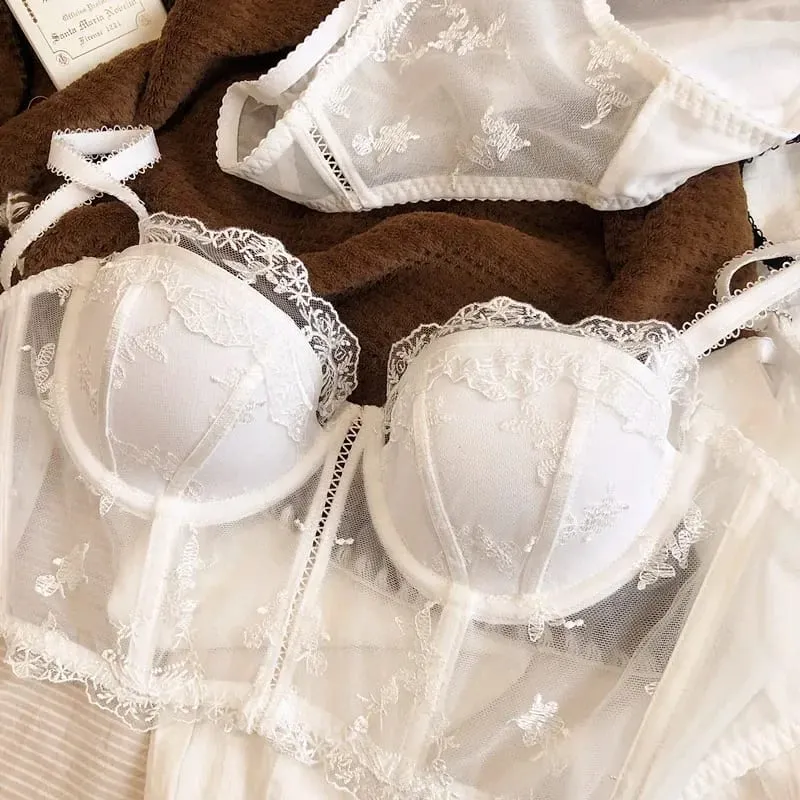 Retro Half Cup Embroidered Lace Bra & Panty Set Push Up Sexy Body Sculpting Lingerie — image 6