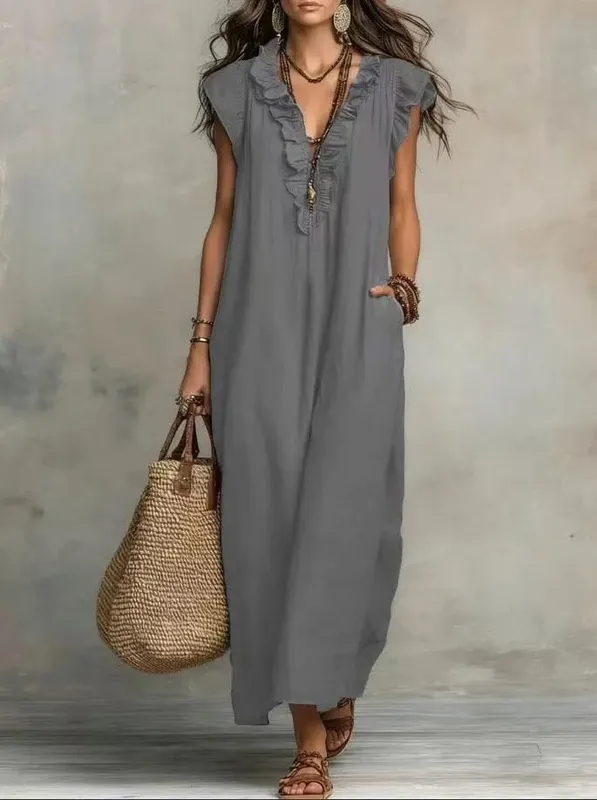 2026 verão feminino boho algodão linho maxi vestido cor sólida plissado decote em v sem mangas solto vestidos longos com bolsos casual praia
