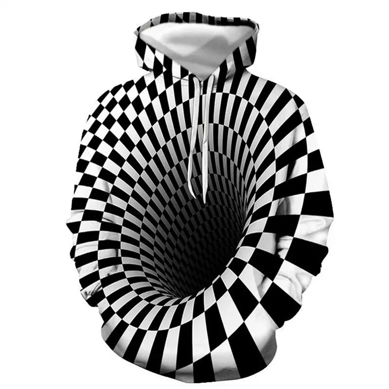 Men's Black And White Vertigo Hooded Sweatshirt 3D Printed Pattern Street Pullover Long Sleeved Sportswear For All Seasons Men