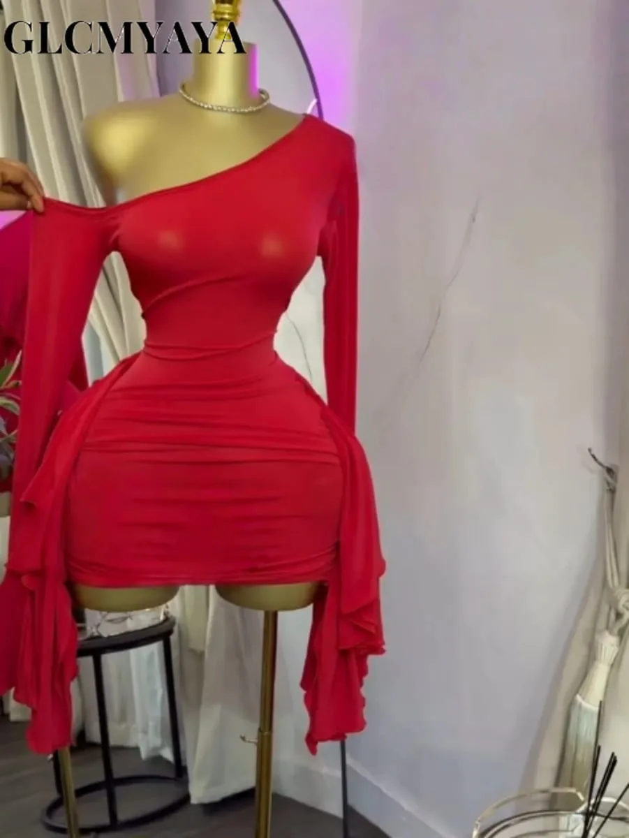 Women Drop Shoulder Flare Sleeve Ruffles Side Bodycon Midi Mini Dress 2026 Birthday Holiday Trendy Dresses Vestidos — image 2