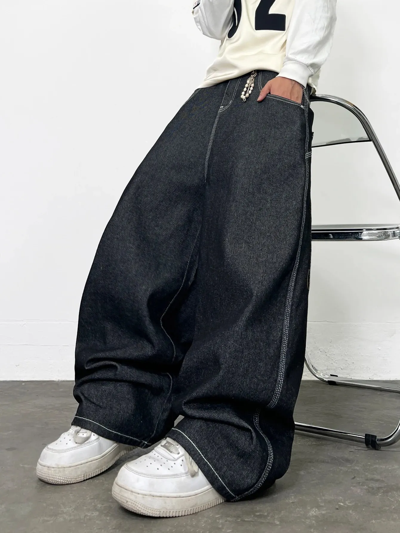 Men's Jeans Vintage Black Baggy Wide Jorts Trendy Y2K Streetwear Men's Denim Pants Men's Drop-Crotch Pants All Seasons
