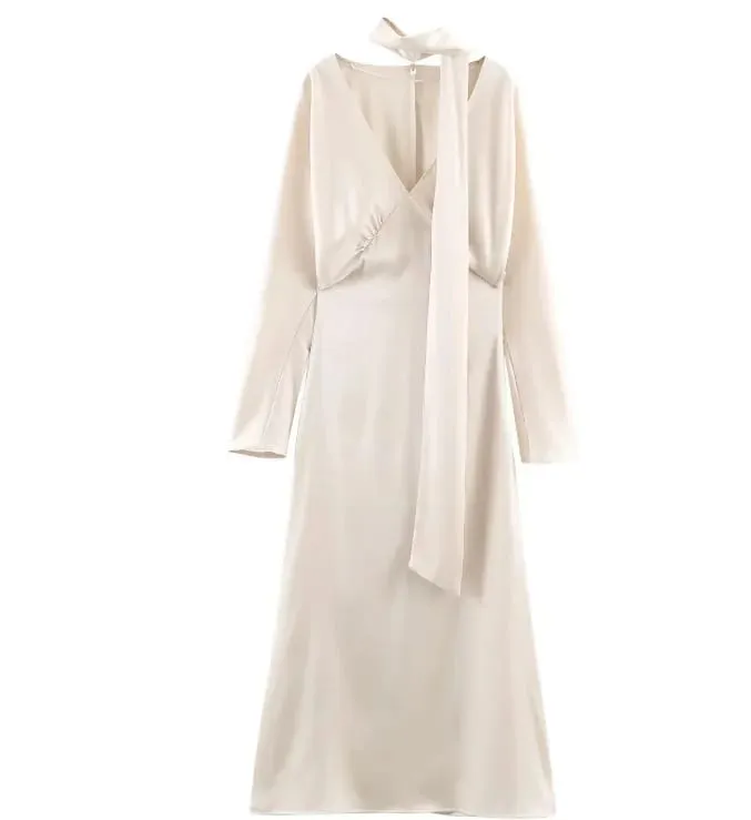 2026 New Scarf Solid Elegant Maxi Dresses Women Spring V Neck Long Sleeve Club Party Long Dress Female Chic Slim Fit Dresses