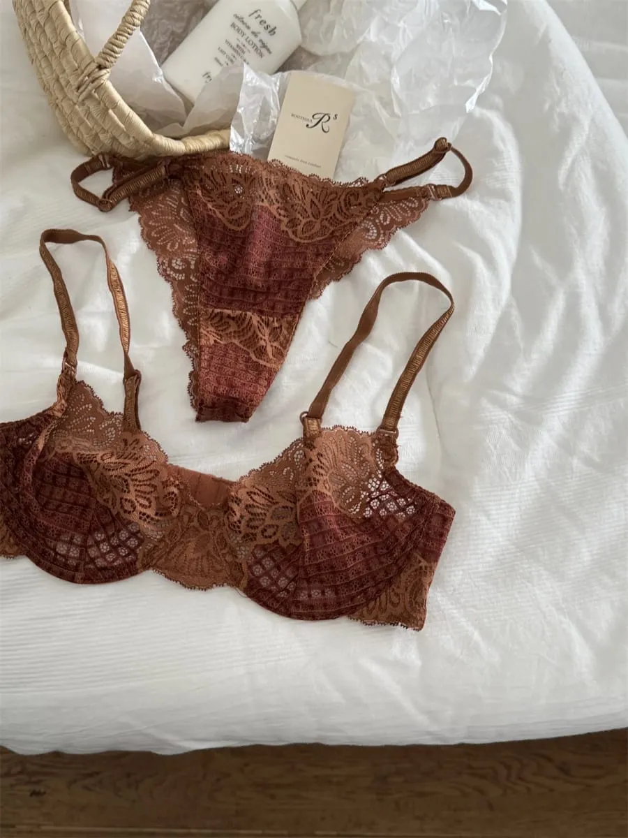 Bra lattice embroidery mesh underwear women small fresh top lingerie with panties support large breasts show small bra set