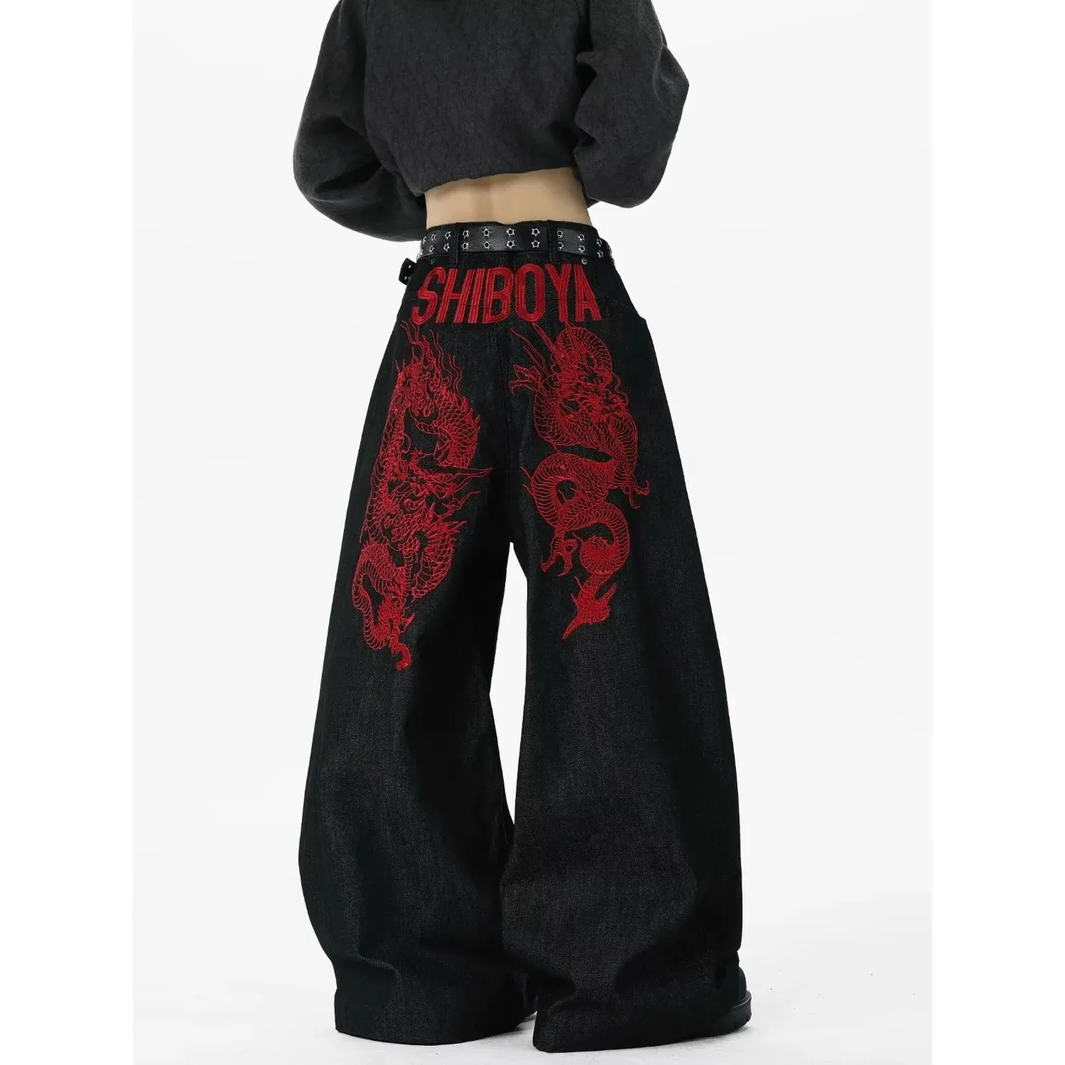 Retro Red Dragon Embroidery Wide Leg Knife Edge Jeans for both men and women Y2K street cool floor length wide leg pants — image 1