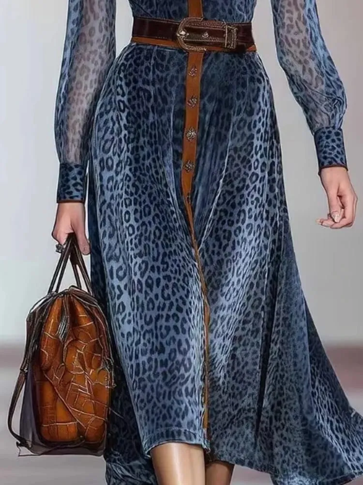 Women Elegant Dress Leopard Printed Mesh Dress Colorblock Lapel Collar Single Breasted Vintage Chic Long Sleeve Dress — image 2