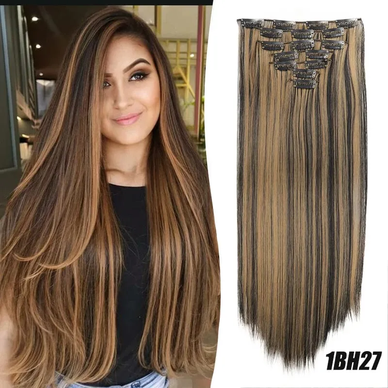 Synthetic 7-piece set with 16 card synthetic straight hair extensions suitable for women's daily party use — image 8
