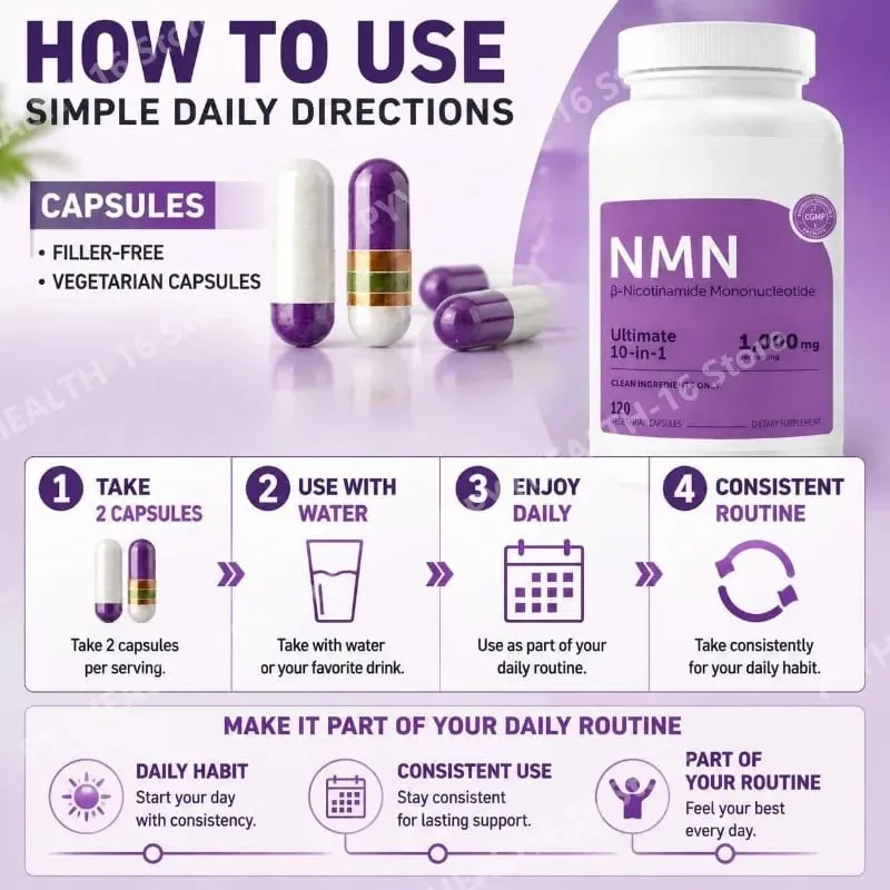 NMN Capsules 1000mg Complex with Resveratrol CoQ10 Glutathione & TMG for Daily Cellular Energy Support Non-GMO 120 Capsules