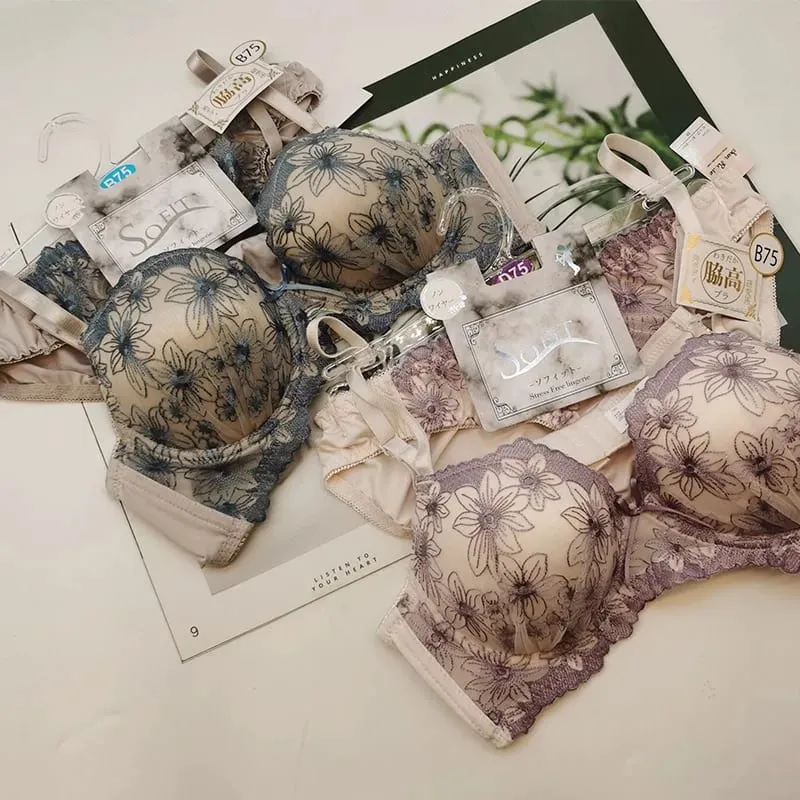 New gathering support lace bra set luxury models embroidery skin-friendly lingerie breif suit comfortable wirefree underwear