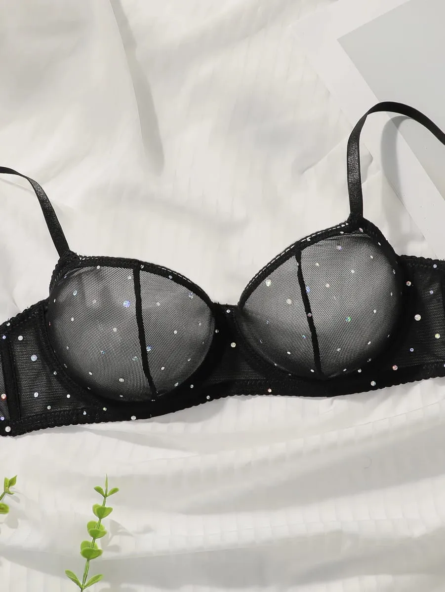 Sexy Black Lace Sequin Bra and Panty Set Women's Push Up Underwire Non Padding Lingerie Set for Valentine's Day S-XL — image 2
