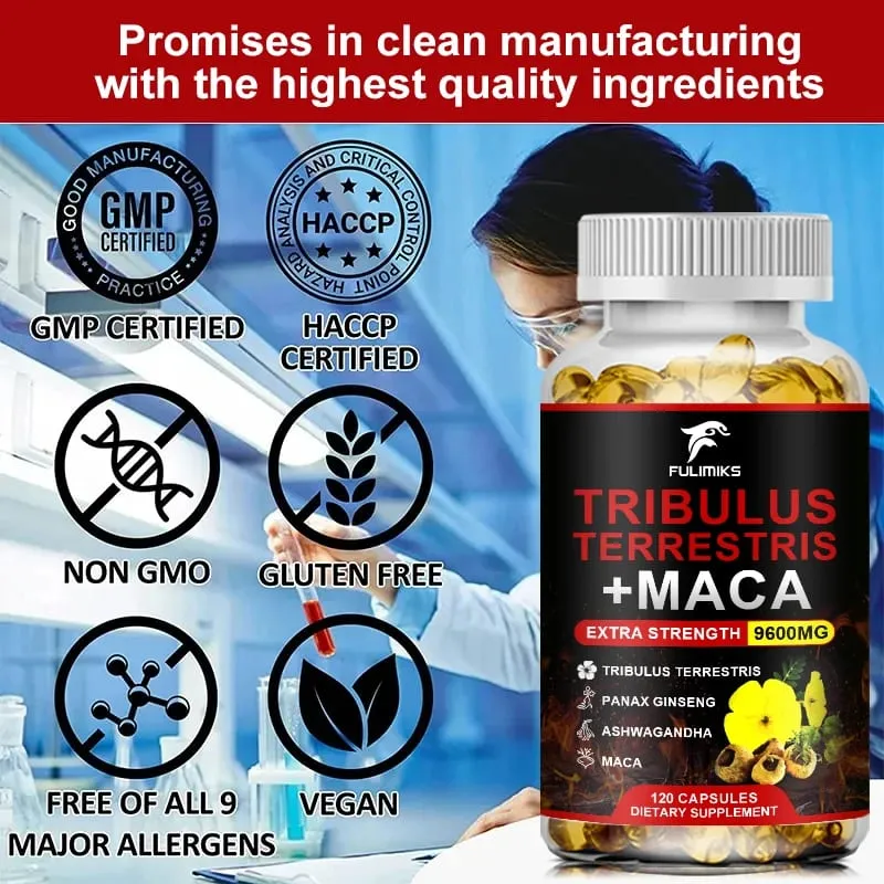 Tribulus Terrestris + Maca Capsules 9600MG with Ginseng & Ashwagandha Supports Energy Stamina & Muscle Performance