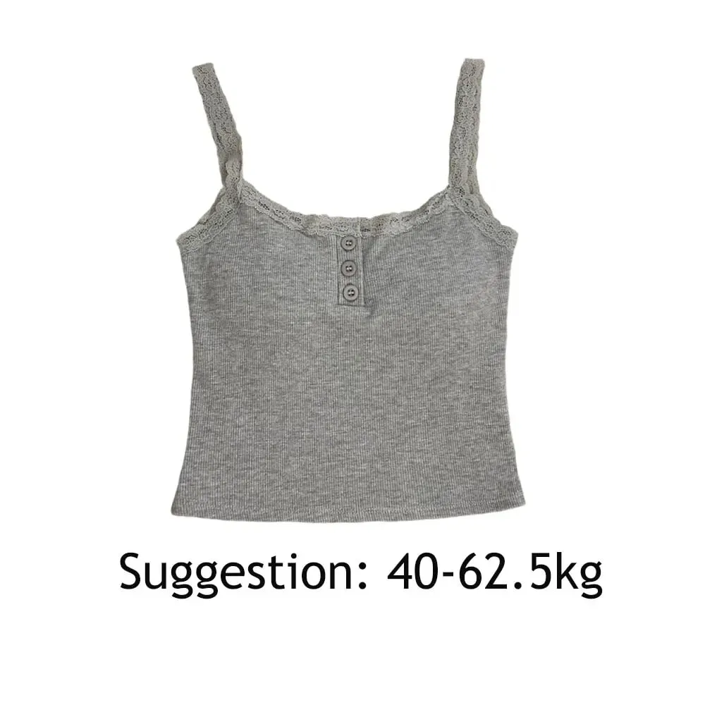 Y2K Lace Trim Spaghetti Strap Cami Top Button?Front Ribbed Knit Slim Fit Sleeveless Crop Camisole Women Casual Basic Tank Top — image 5
