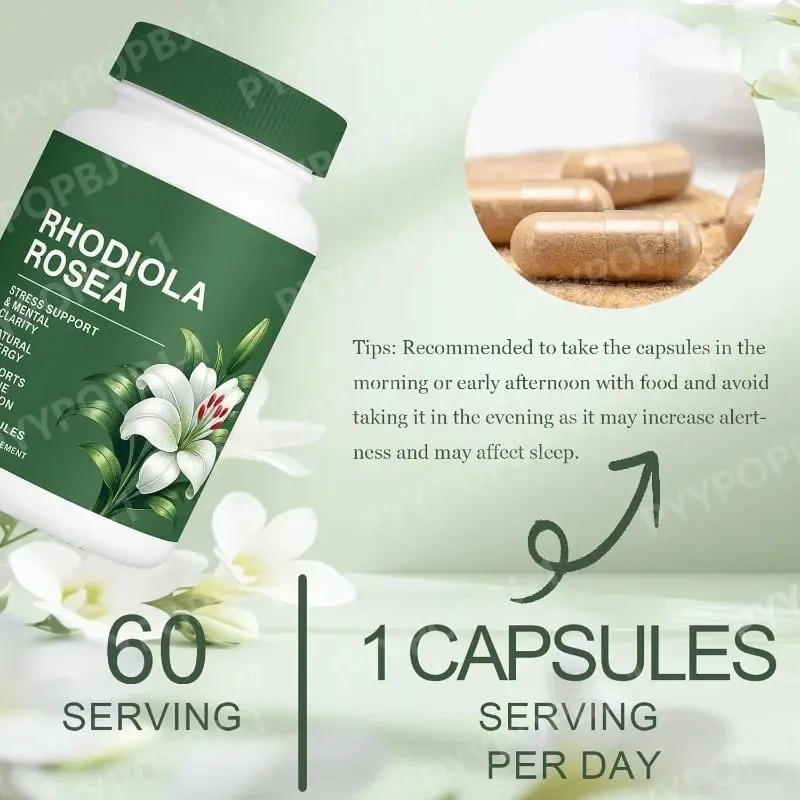 500mg Rhodiola Rosea Capsules Natural Herbaceous Plants Supplement for Daily Stress Support & Energy Balance 60 Count Per Bottle