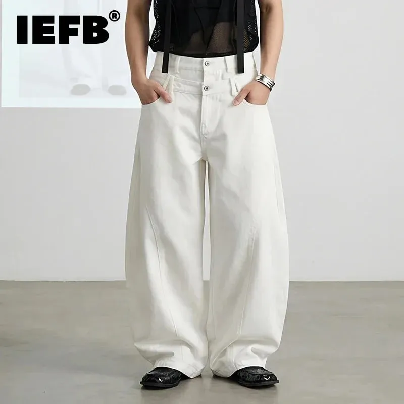 Spring American Style Double Waistband Deconstructed Men's Boot Cut White Jeans Trendy Loose Wide Leg Denim Pants 9X2187