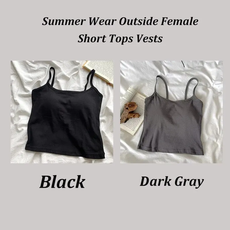 2PCS/SET Women's Basic Cotton Camisole madam Solid Color Spaghetti Straps Sleeveless Slim Vests Breathable Short Sleeveless Tops
