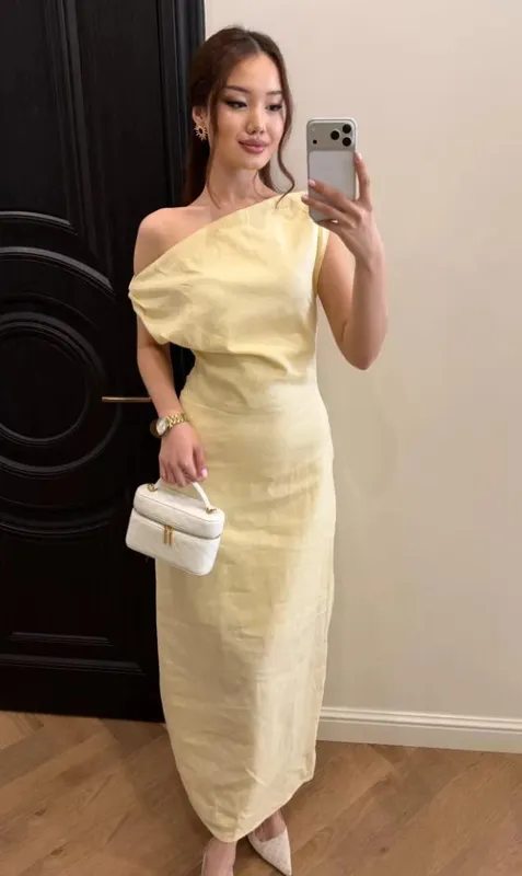 Elegant One Shoulder Asymmetric Pleated Long Dress Chic Solid Color Slanted Collar Slim Cinched Slit Cotton Linen Blend Dresses — image 10