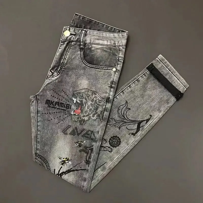 High-end Hot Diamond Jeans Men's Spring and Autumn Tide Brand Slim-fitting Small Feet Tiger Print Gray Casual Men Trousers Man — image 7