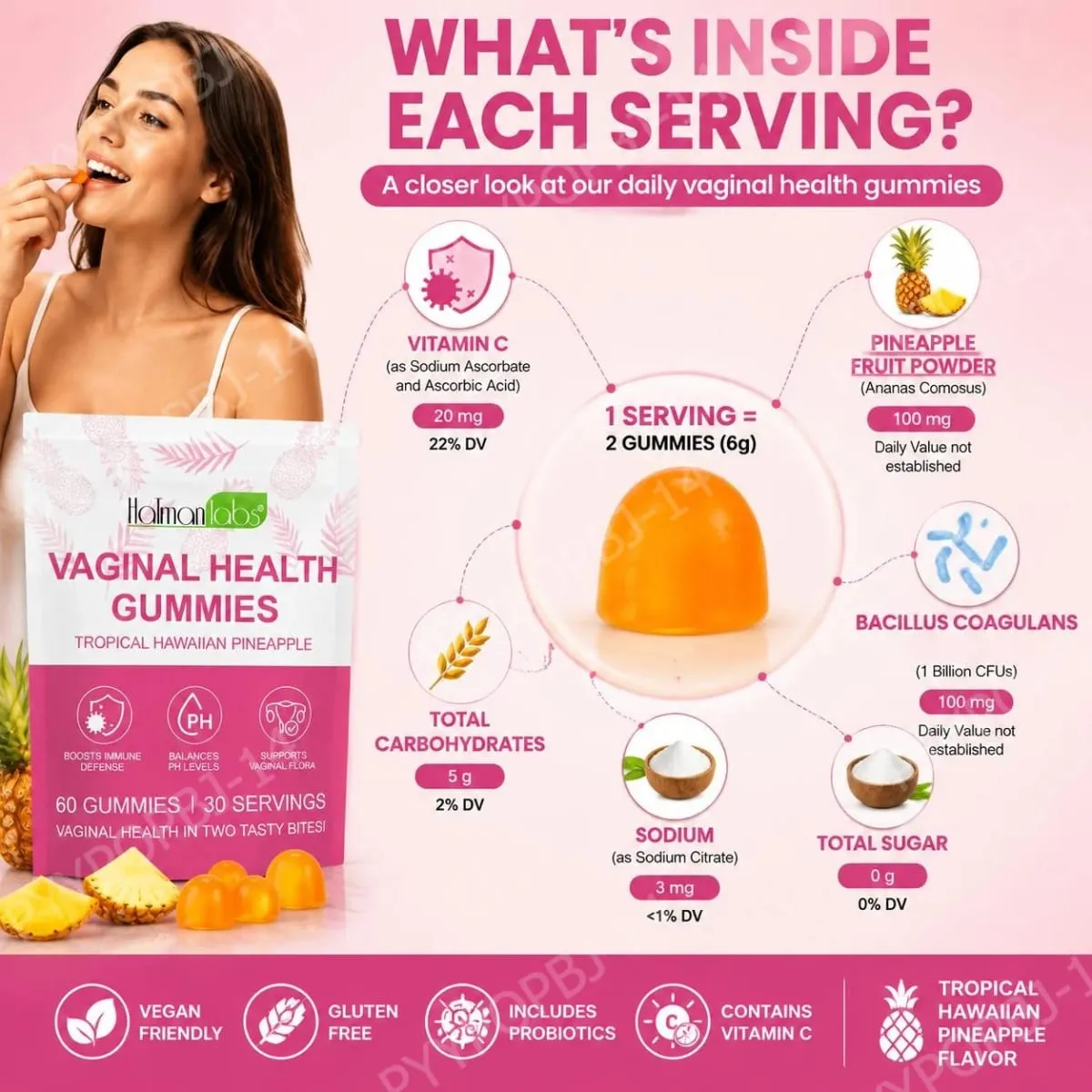 HolmanLabs Vaginal Health Gummies with Vitamin C and Probiotics Supports Vaginal Flora Helps Balance PH Levels 60 Gummies — image 4