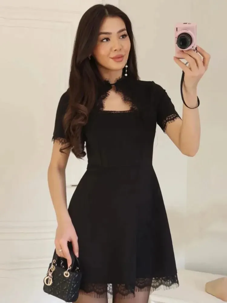 Tossy Black Lace Hollow Out Mini Dress Female Patchwork Short Sleeve Sexy High Waist Party Dress Women's Casual Printed Dress — image 4