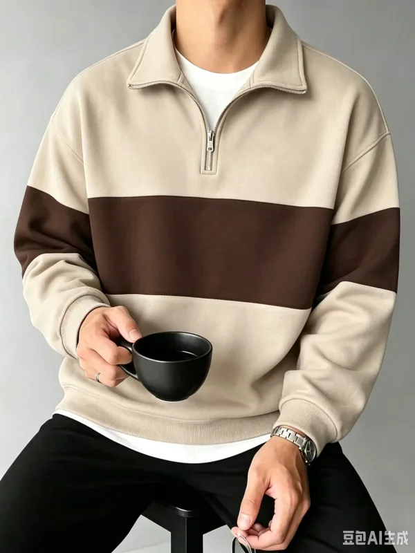 Autumn and Winter Color Blocking printed Men's Clothes Casual Half Zip Long Sleeve Sweatshirts Street Trend Stand Collar Hoodies — image 5