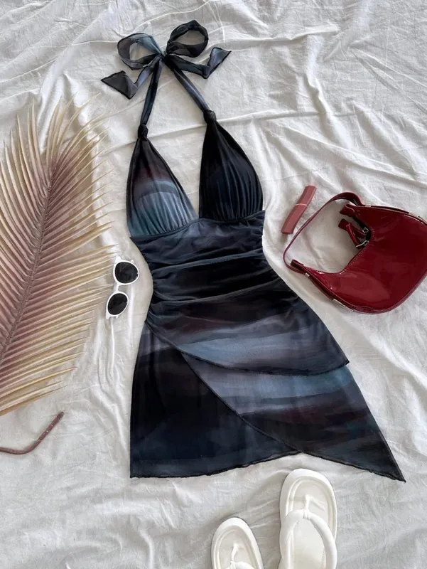 2025 Fashion Design sense Chiffon sleeveless sexy tight deep V short sexy pure backless dress