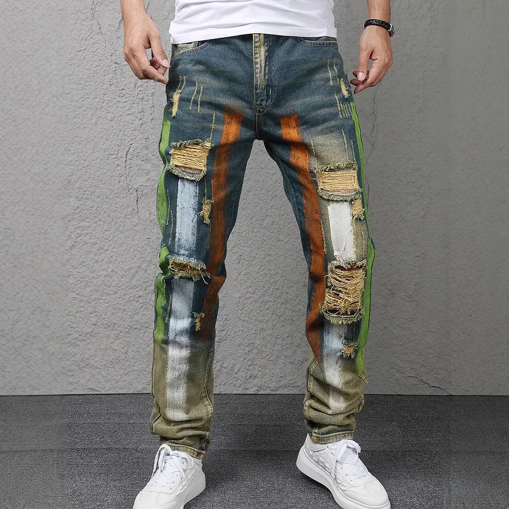 Men Painted Denim Jeans Contrast Color Holes Ripped Distressed Pants Non Stretch Cotton Slim Straight Trousers