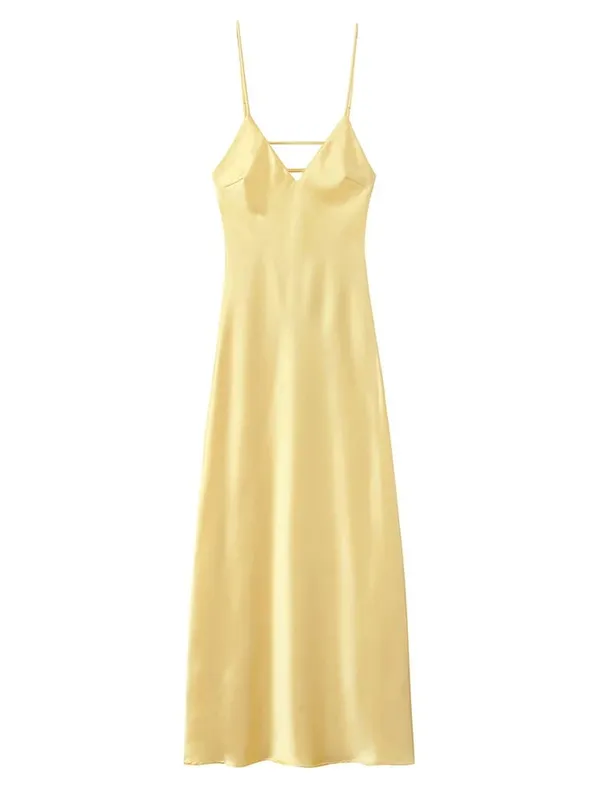 Sexet gul satin blonde patchworkkjole spaghetti strop ærmeløs V-hals bias cut kvindekjoler 2026 sommer aften festkåbe