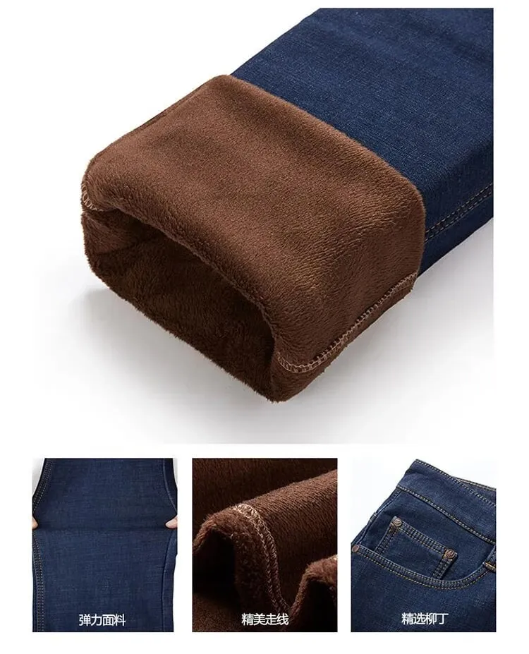 Men Plus Size 10XL Winter Warm Plush Jeans Stretch Loose Straight Baggy Denim Trousers for Comfortable Wear Oversize Streetwear — image 4