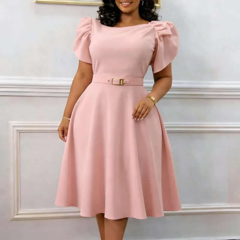 Women Dresses Solid Dress Sashes Round Neck Butterfly Sleeve Knee Length Empire Waist Slight Strech Casual Loose Fit 2026 Summer