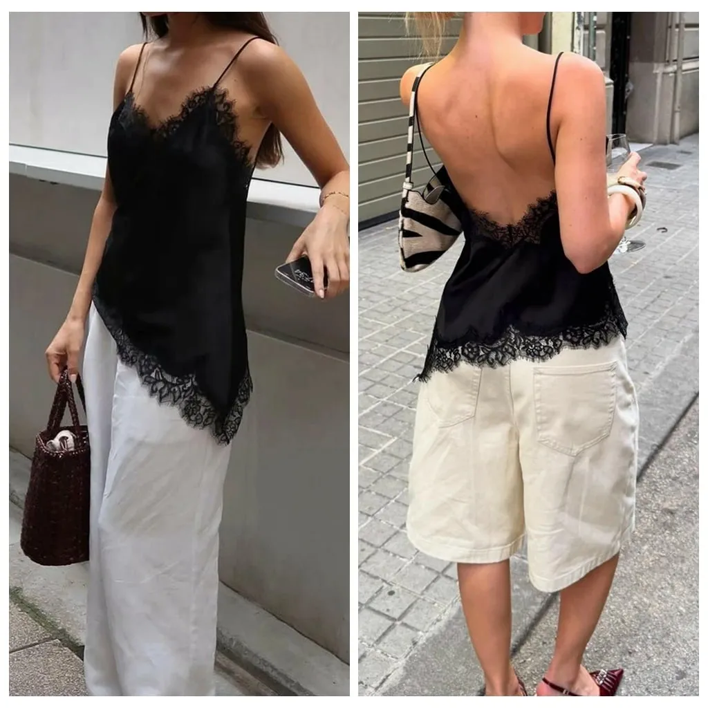 Combhasaki Women Floral Lace Trim Satin High Low Vest Silk Spaghetti Strap Side Split Asymmetrical Cami Flowy Silky Layering Top — image 15