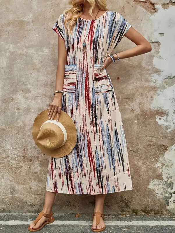 Elegant Directional Round-Neck Double Pocket Colored Stripe Long Summer Dress