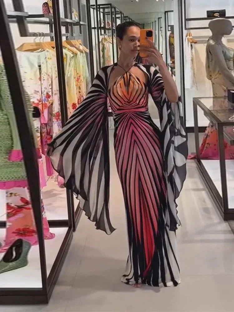 Frauen Rosa Orange Farbverlauf Cape Sleeve Maxi Kleid Sexy Neckholder Ausschnitt Flare Sleeve Kleid 2026 Damen Urlaub Party Outfits