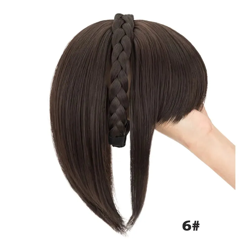 Snoilite 11'' Braided Headband with Clip-In Hair Topper With Bangs Natural Look Synthetic Straight Hair Extensions for Women 92g