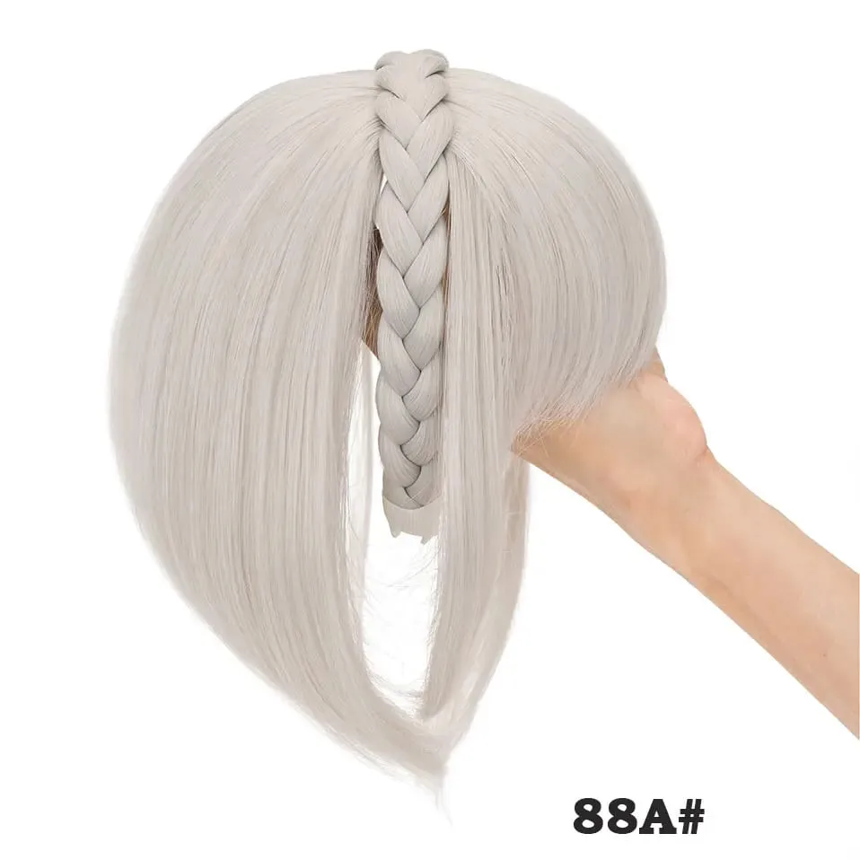 Snoilite 11'' Braided Headband with Clip-In Hair Topper With Bangs Natural Look Synthetic Straight Hair Extensions for Women 92g