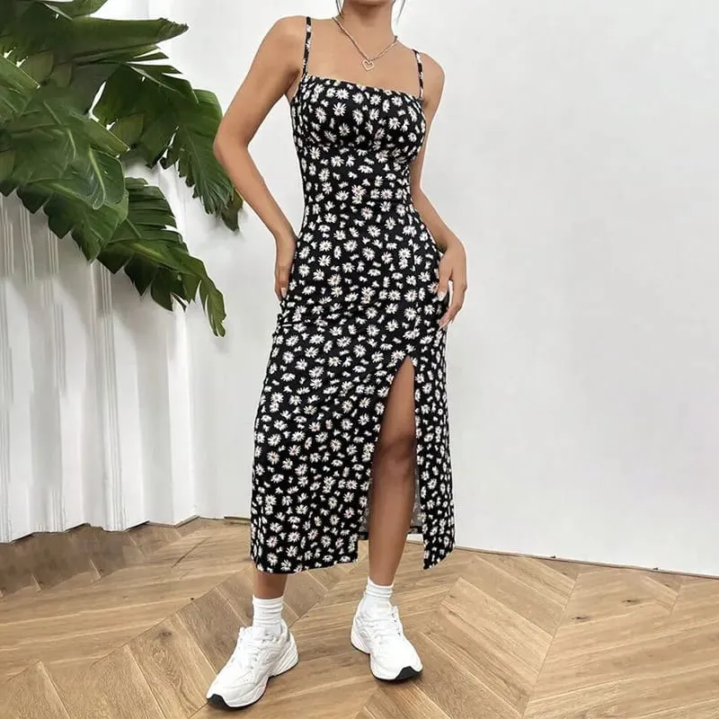 Y2K Elegant Women's Clothing SummerTrend Flower Print Spaghetti Strap Sleeveless with High Slit Ladies Bodycon Vintage Dresses