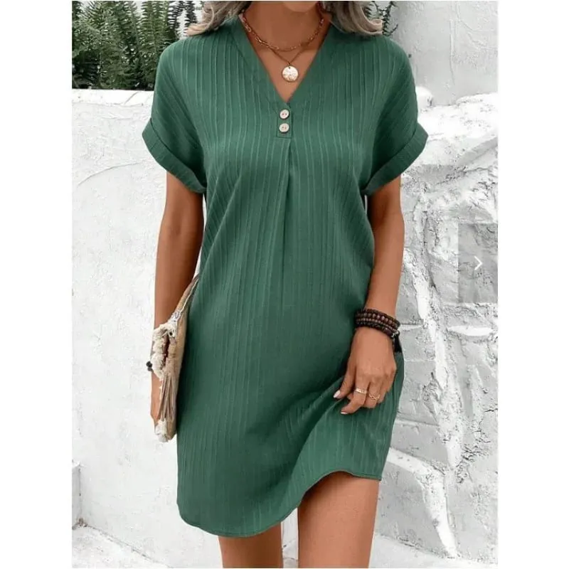 Women's Summer Solid Color Simple Short-Sleeve V-Neck Shirt Dress Comfortable Casual Elegant Loose-Fit Dress with Button Desig