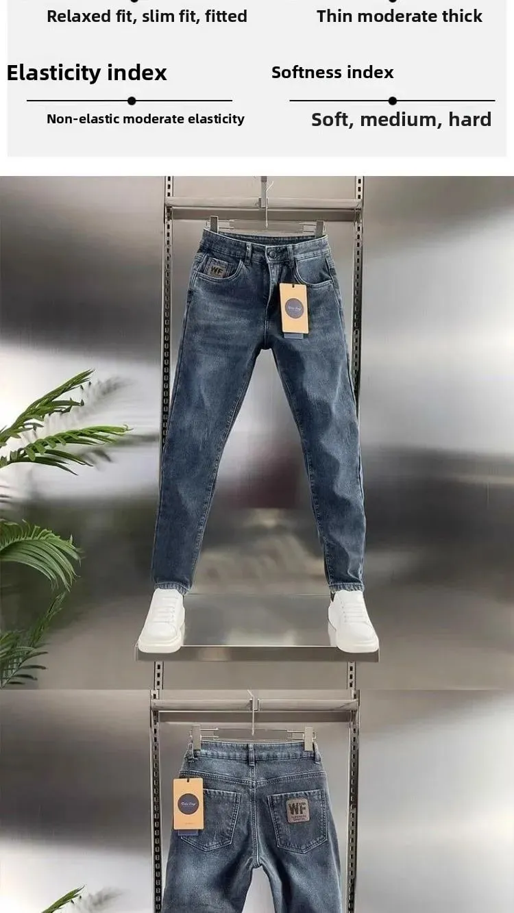 New Men's Jeans Slim-fitting Small Feet High-end Blue-gray Washed Casual Blue Long Slim Fit Work Stretch Cowboy Man Pants — image 8